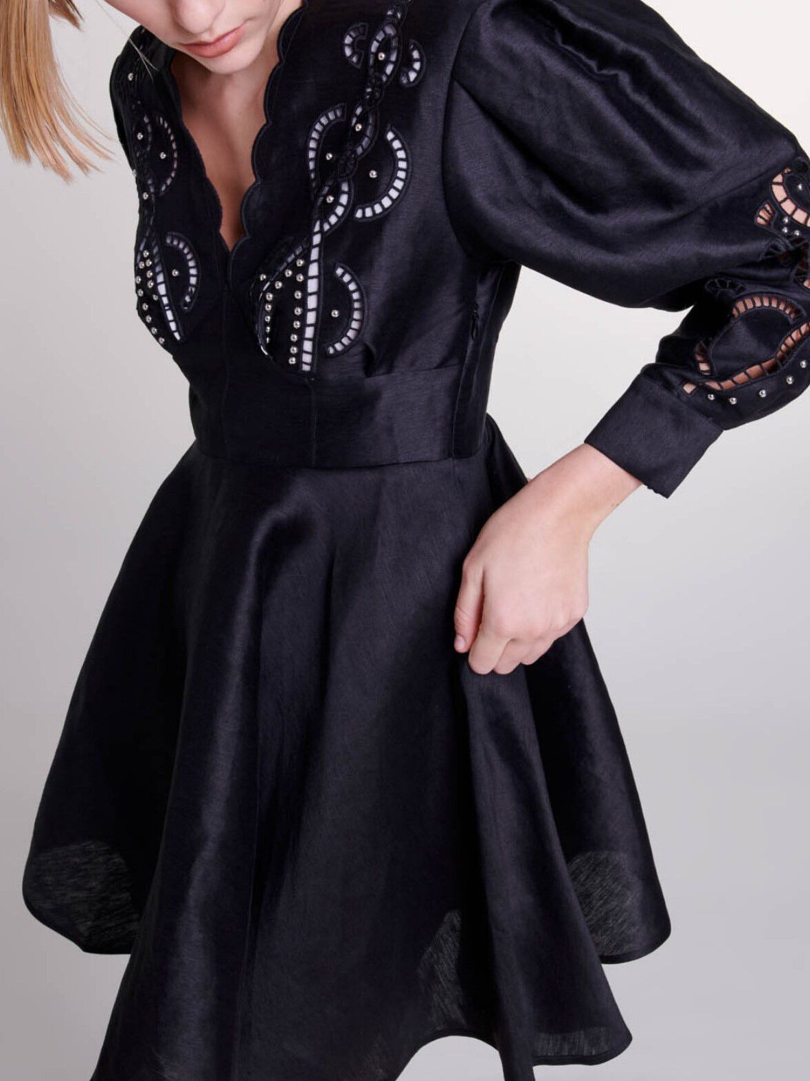 Short embroidered linen dress Black / Gray For Women | Maje