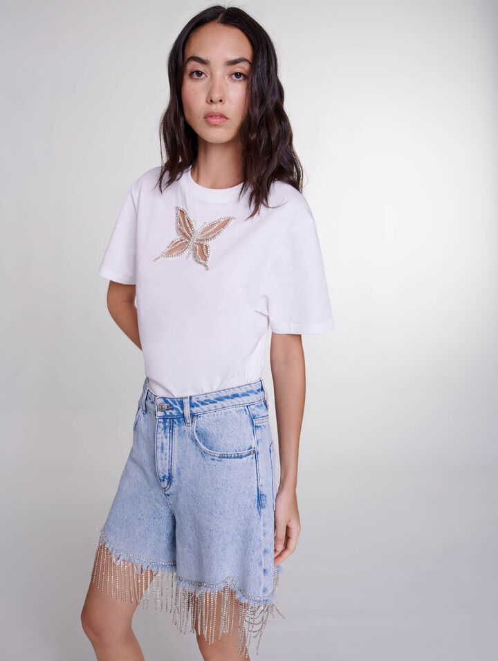Short en denim à strass
