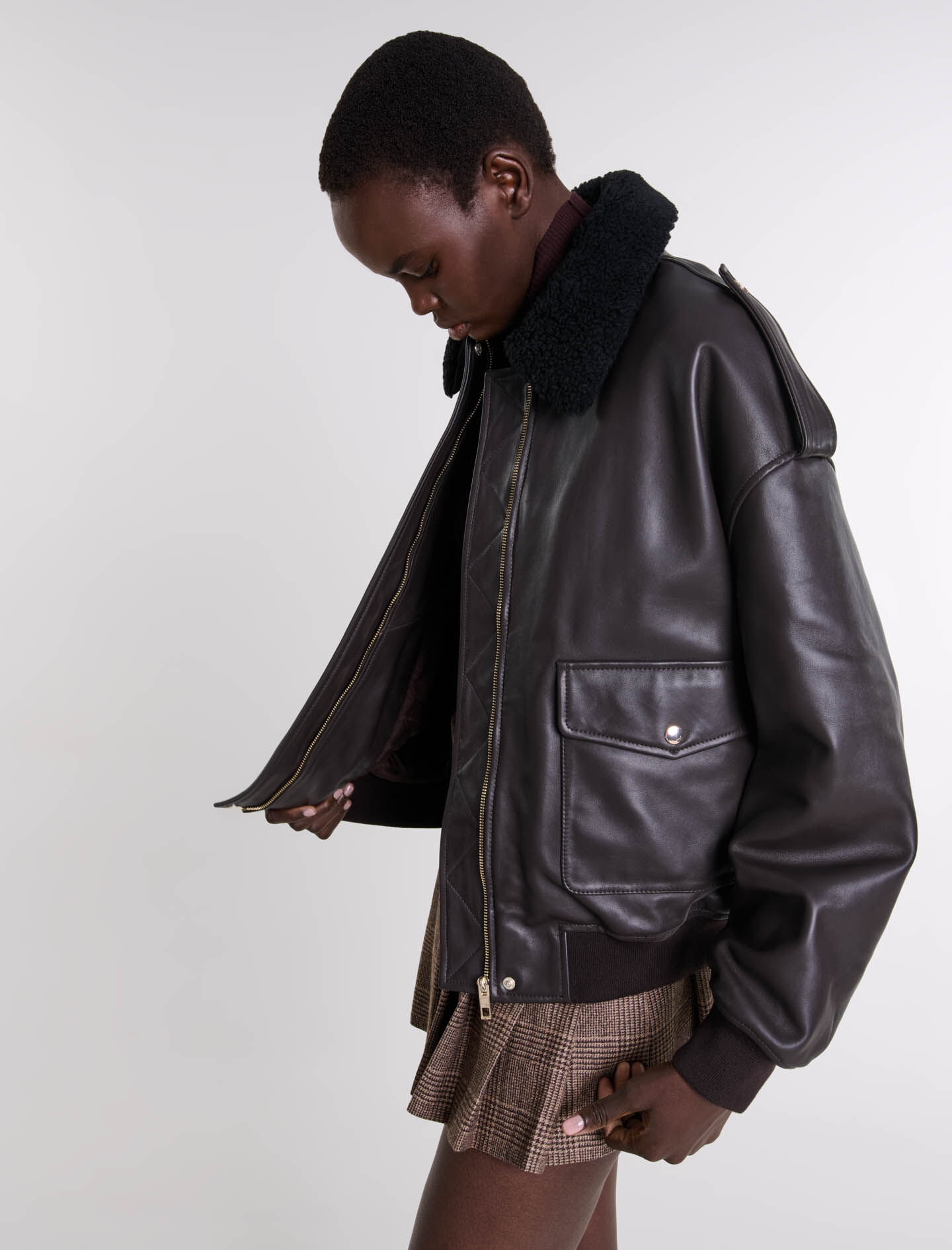 Oversized leather jacket Brown For Women | Maje
