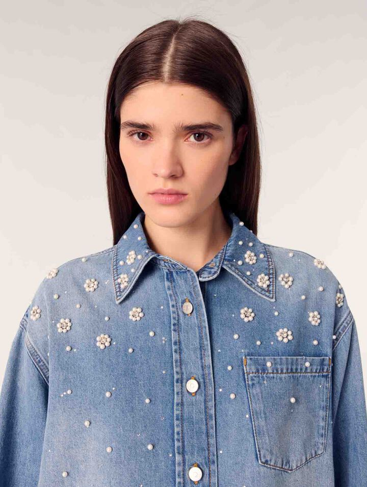 Chemise en denim à perles brodées