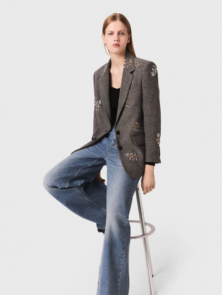 Flower-embroidered wool jacket