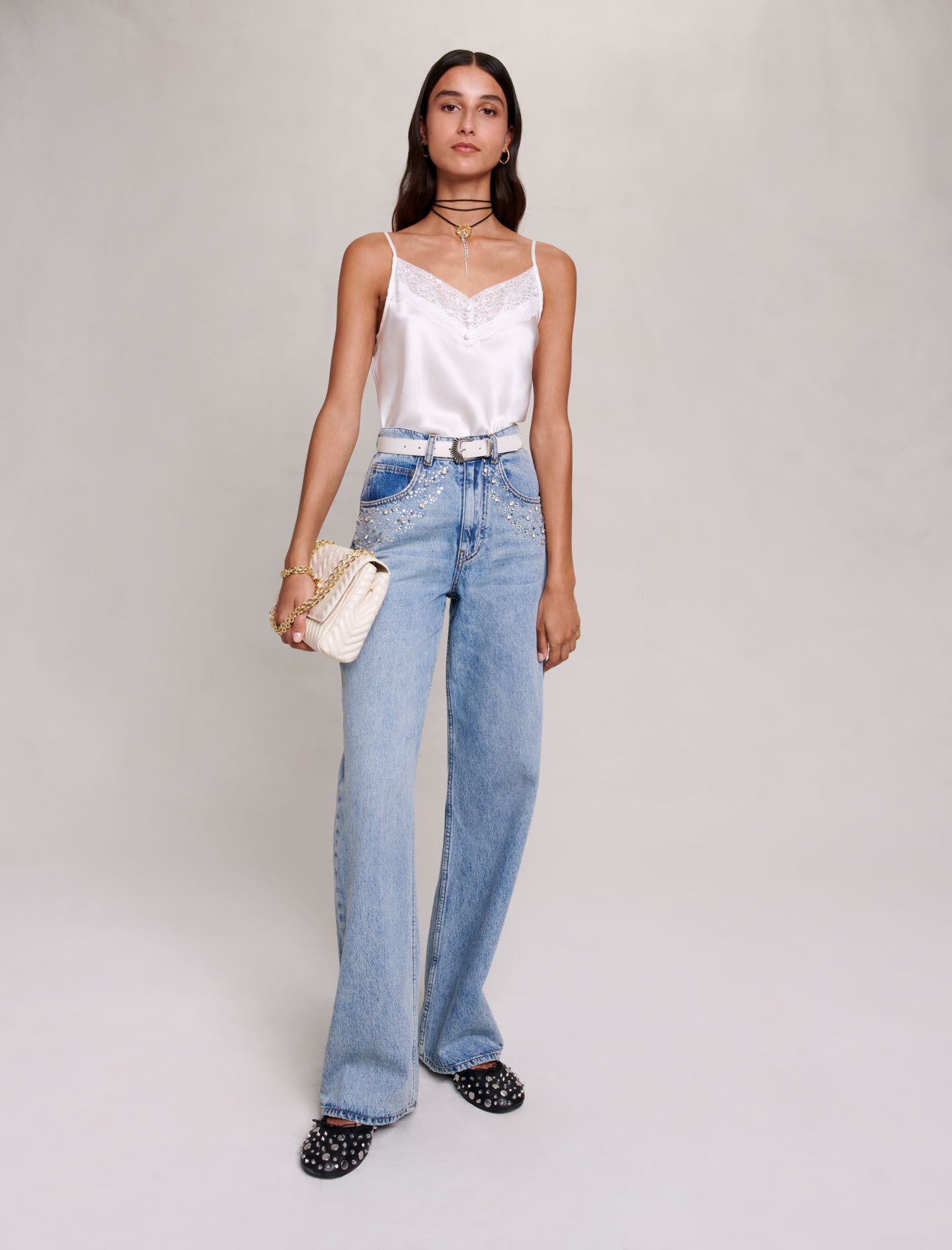 mai Straight-leg jeans with rhinestones Blue For Women | Maje