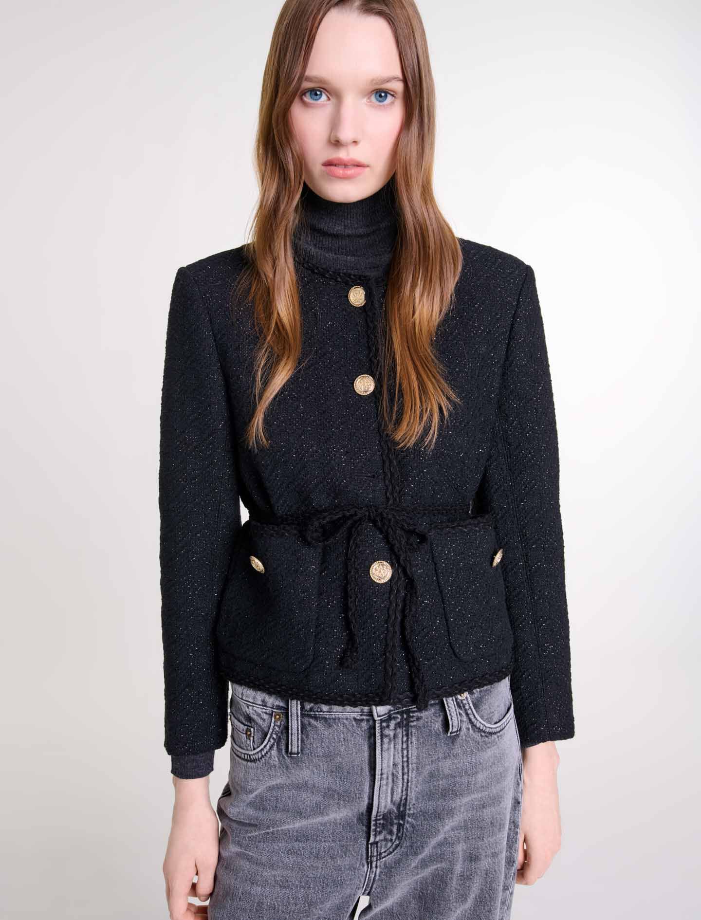 Belted shiny tweed jacket Black / Gray For Women | Maje