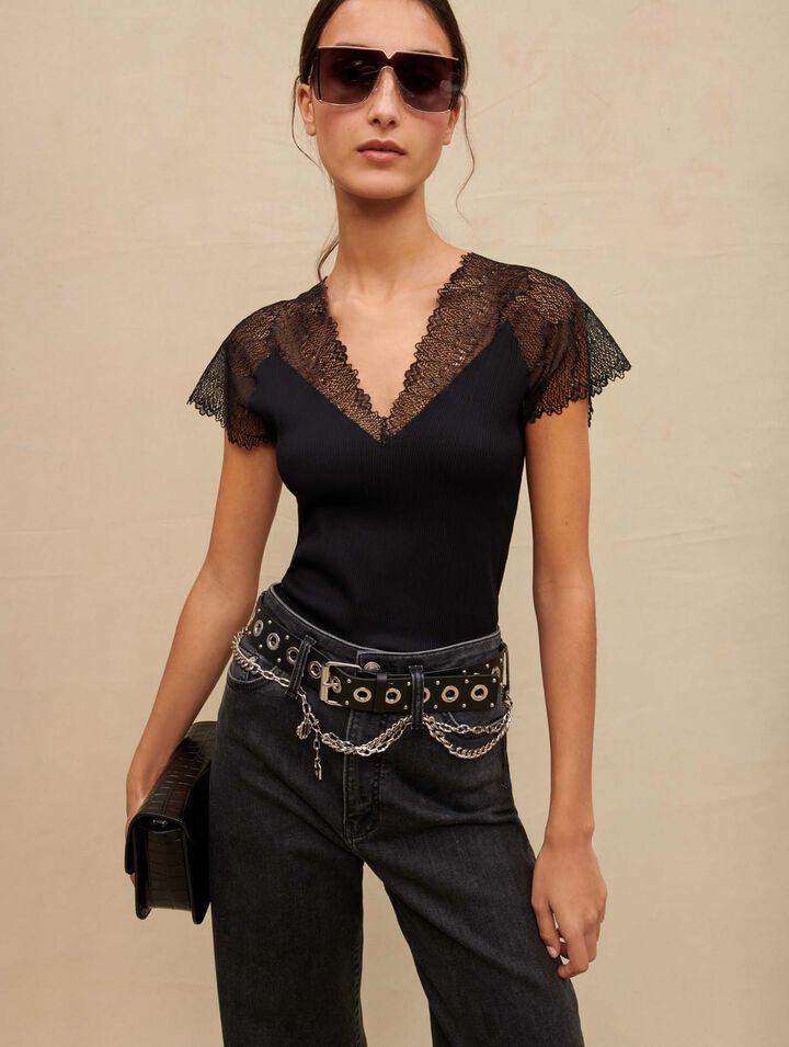 Top en jersey incrusté de dentelle