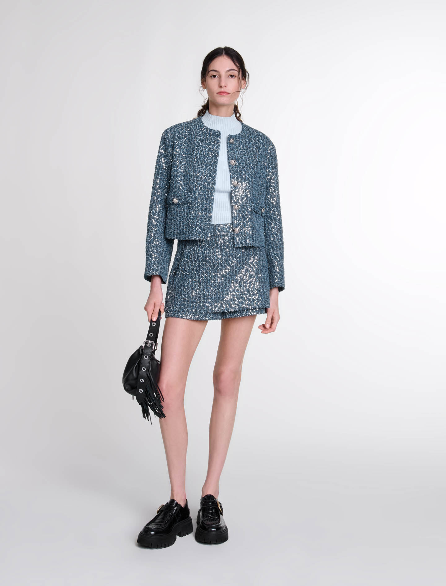 Veste en tweed ornee de sequins bleu pour femme Maje