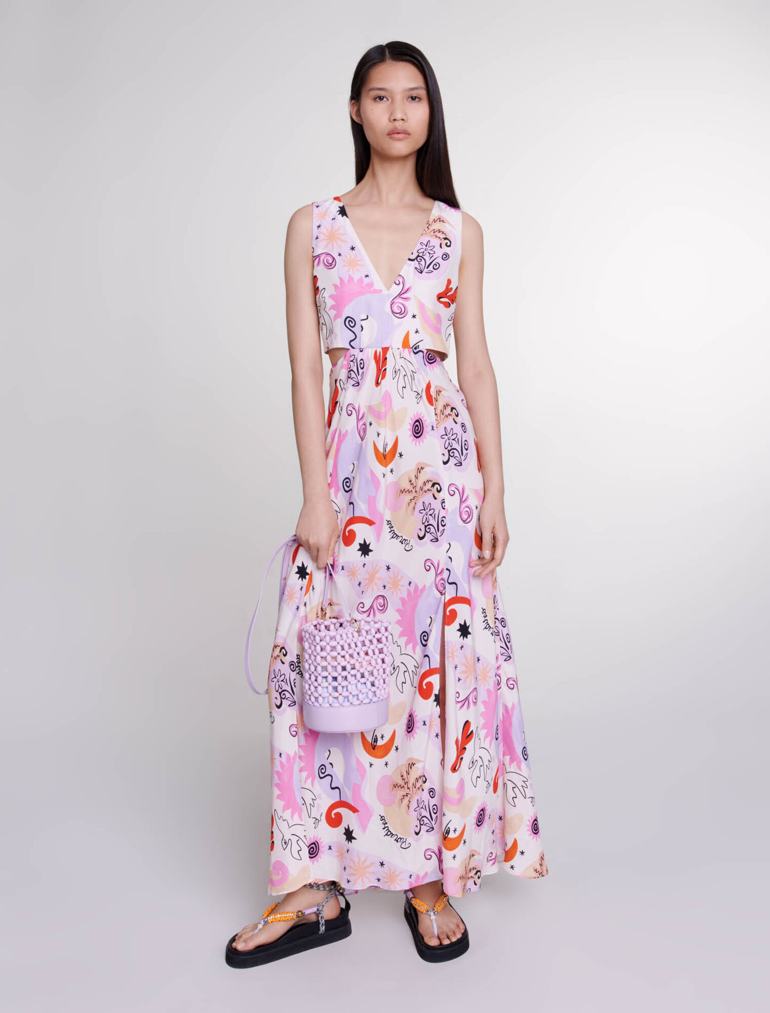 Robe longue ajourée en soie