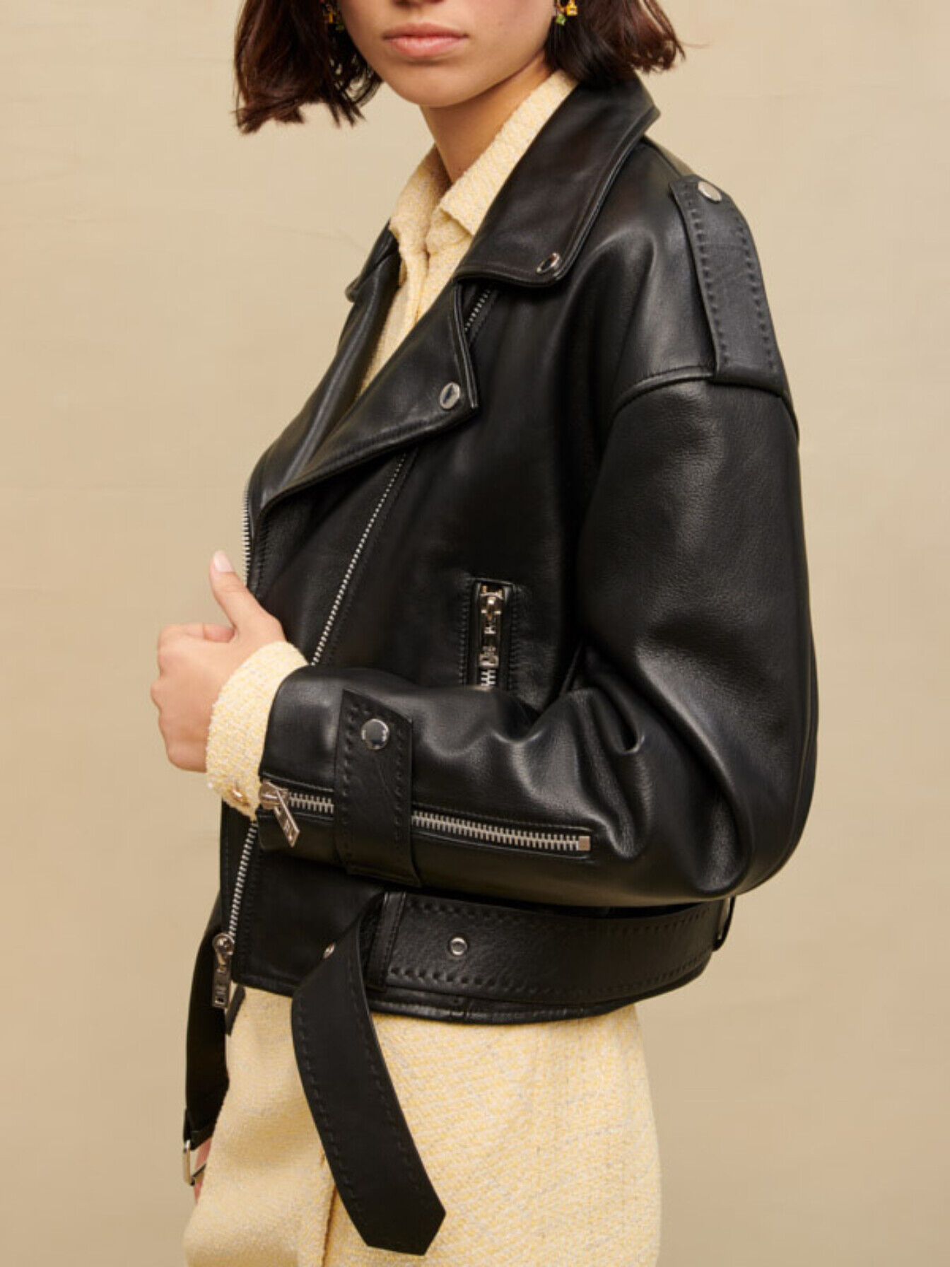 ジャケット・アウター Maje belted leather jacket Leather biker-style jacket Black / Gray For Women | Maje