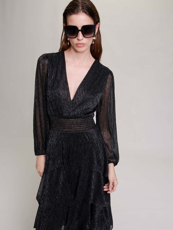 Robe pliss&eacute;e &agrave; volants, lam&eacute; extensible