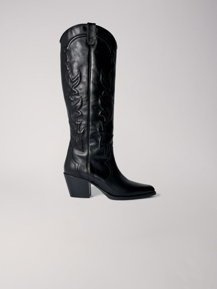 Bottes santiags en cuir lisse brodé