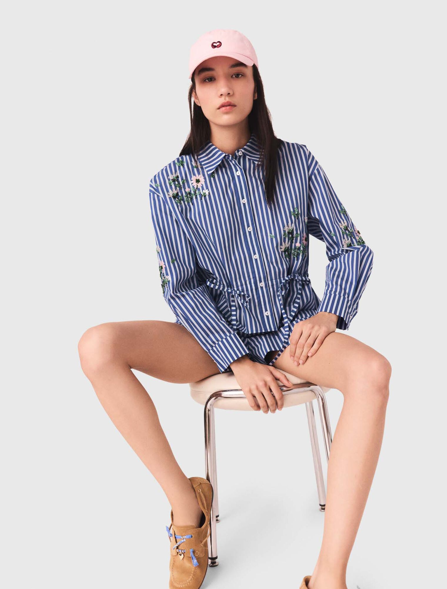 Cropped embroidered striped shirt