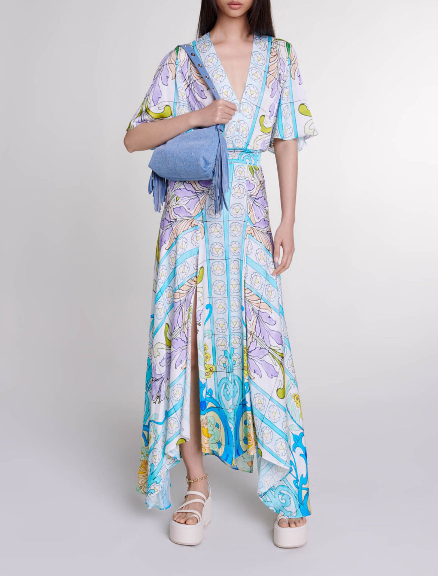 Robe longue imprimée satinée pour femme Maje