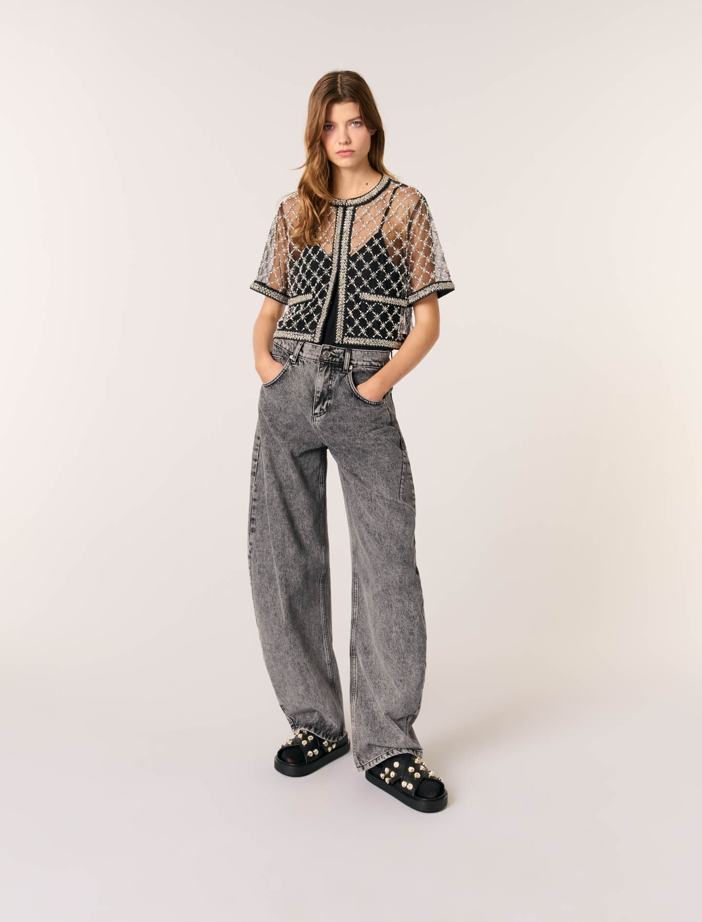 Embroidered tulle top Black / Gray For Women | Maje