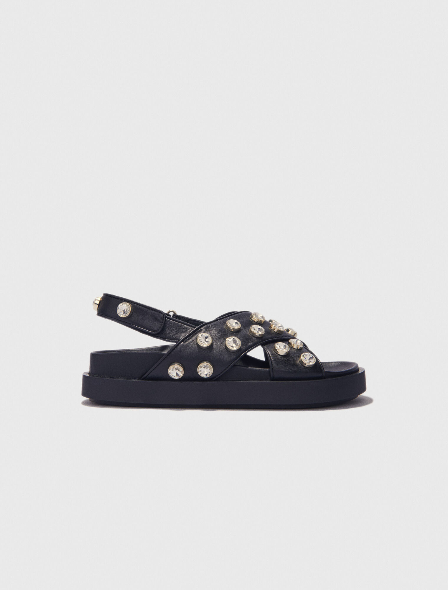 Flat leather and rhinestone sandals