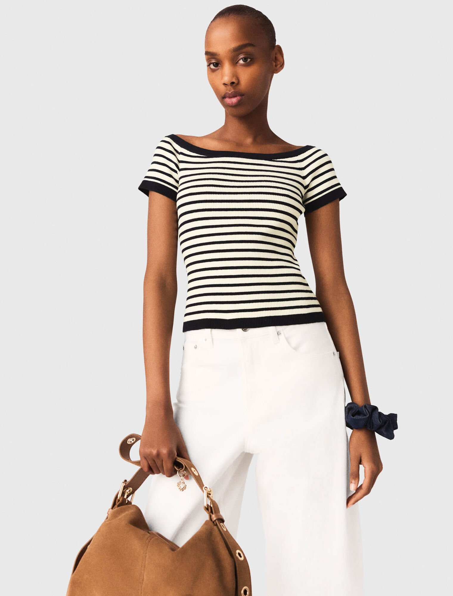 Rib knit short sleeve boat neck top