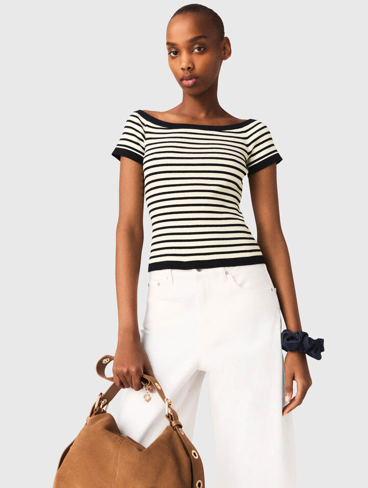 Top en maille c&ocirc;tel&eacute;e col bateau