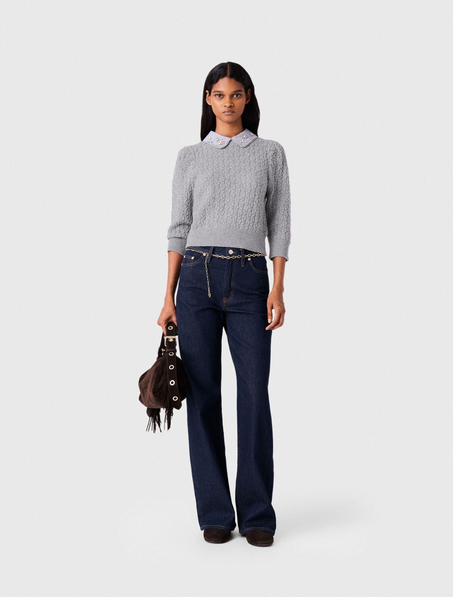 Removable poplin collar sweater
