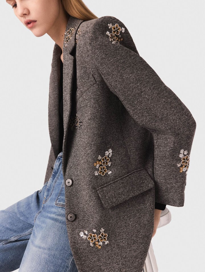 Flower-embroidered wool jacket