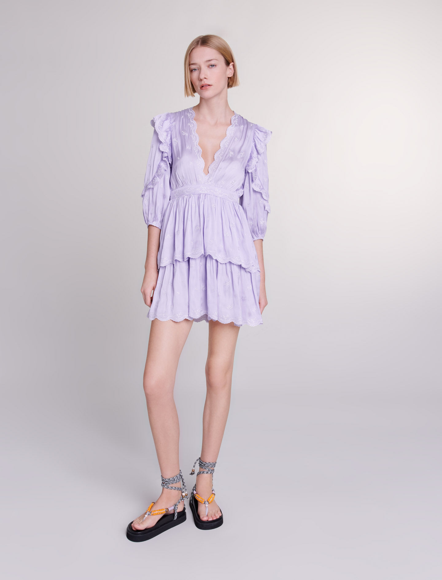 Short satin look embroidered dress