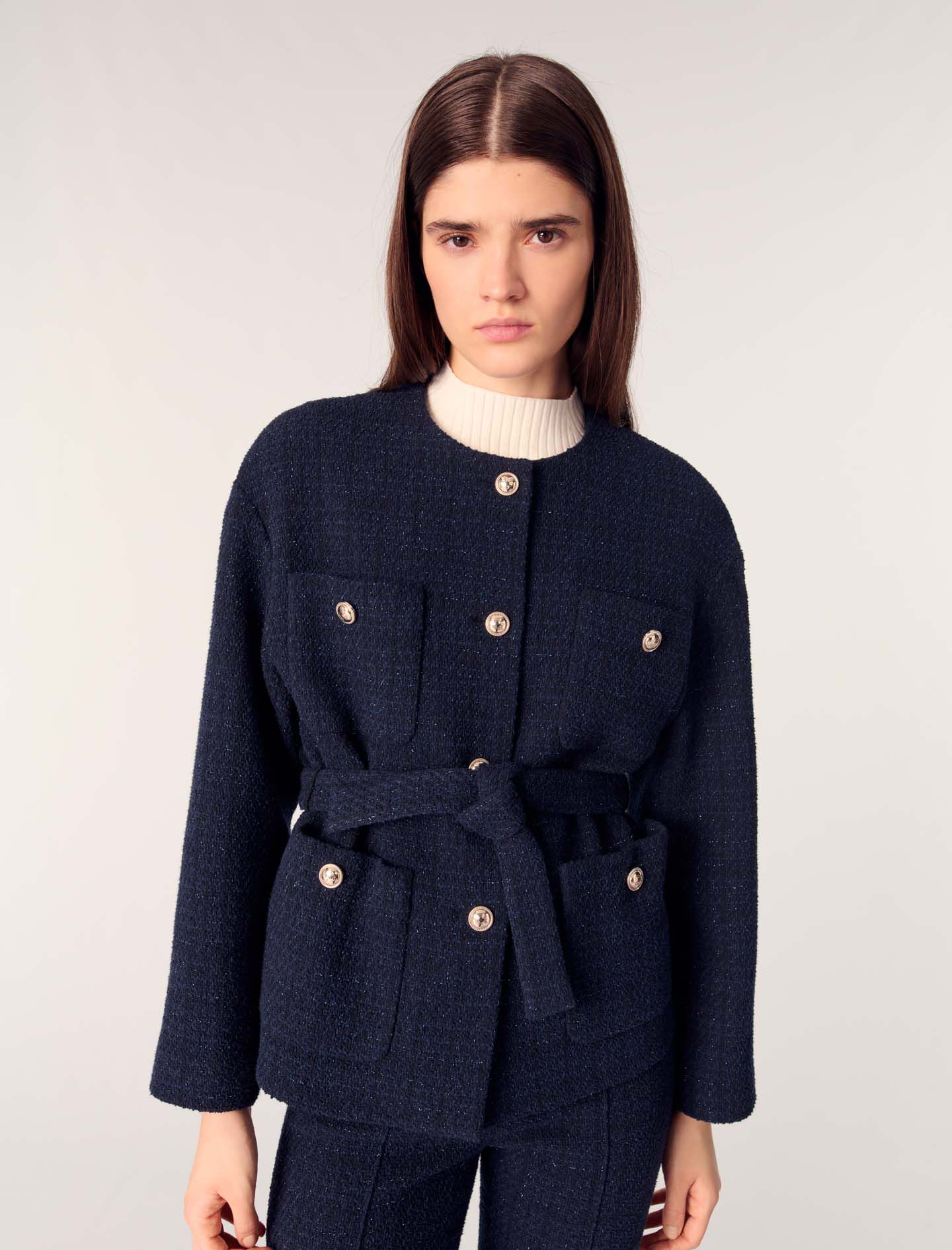 Womens Coats Maje Tweed Motorcycle Jacket NEW Massimo Dutti