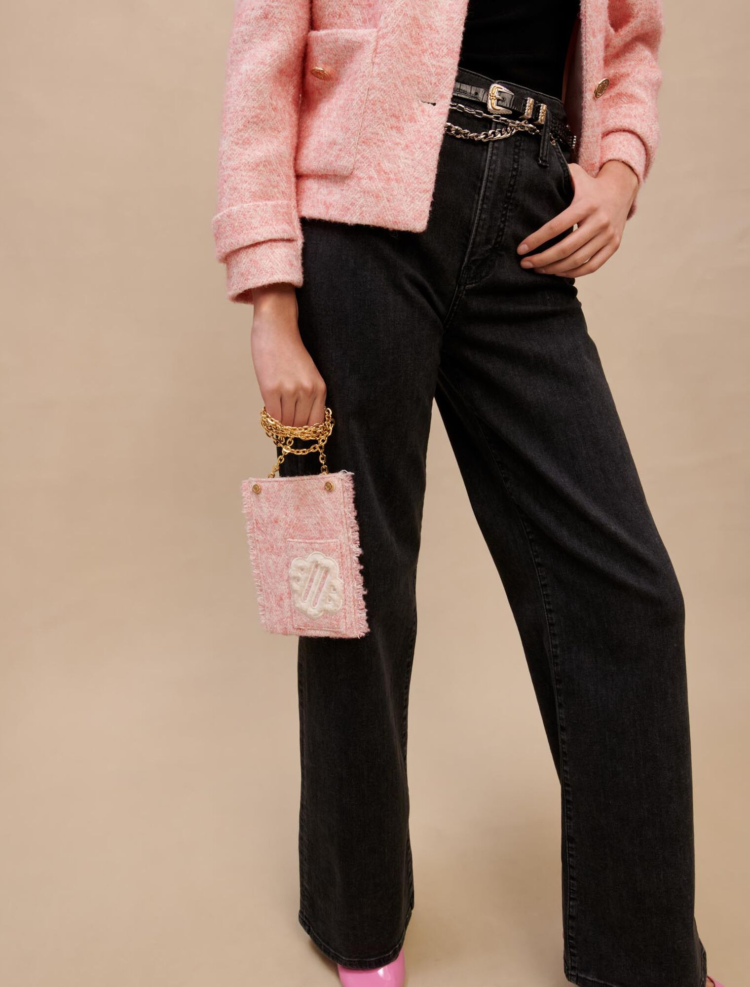 Pink tweed-effect phone bag