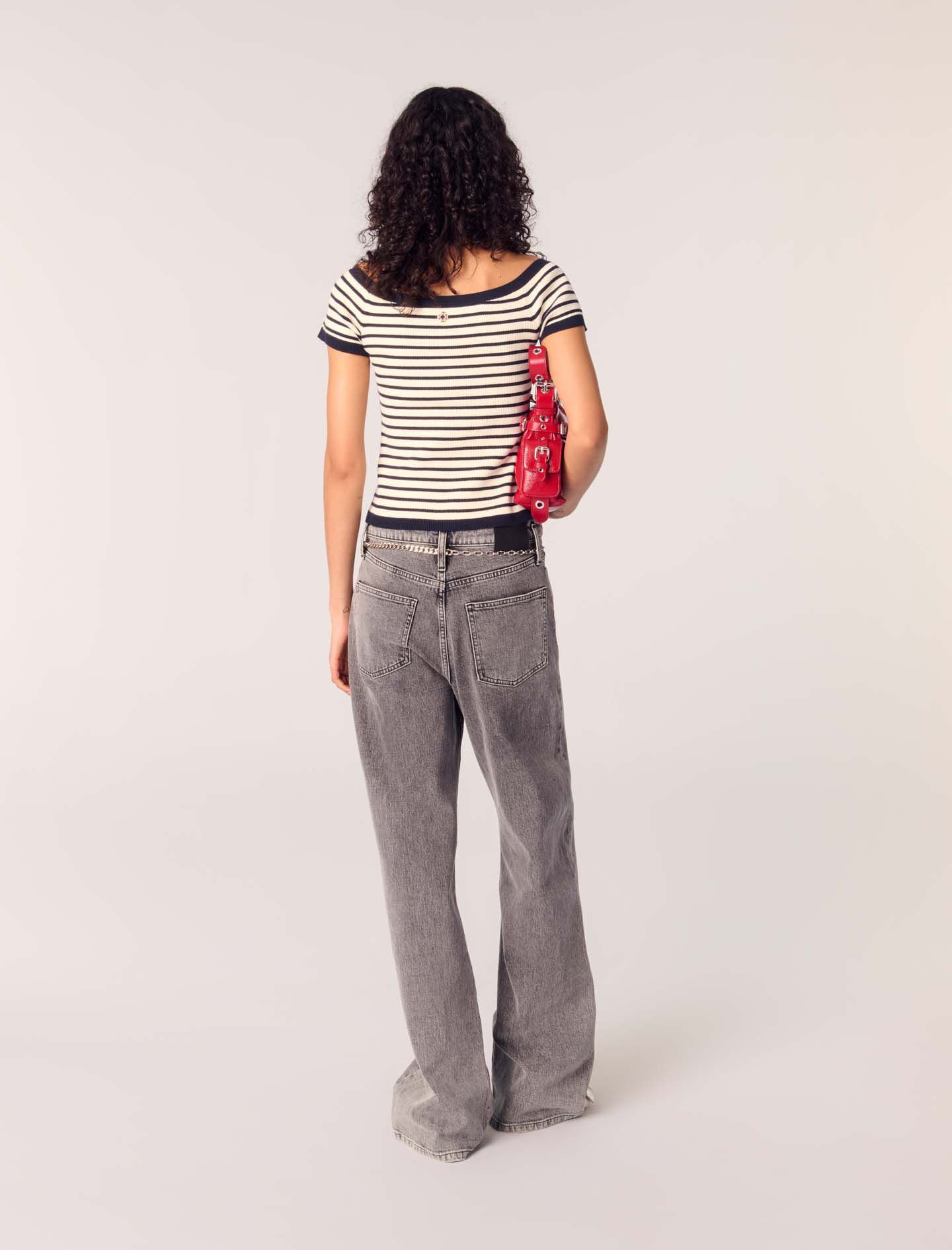 【INCHANT ME】671 Bijo Pocket Wide Denim Pants Wide-leg jeans with chain-link belt Black / Gray For Women