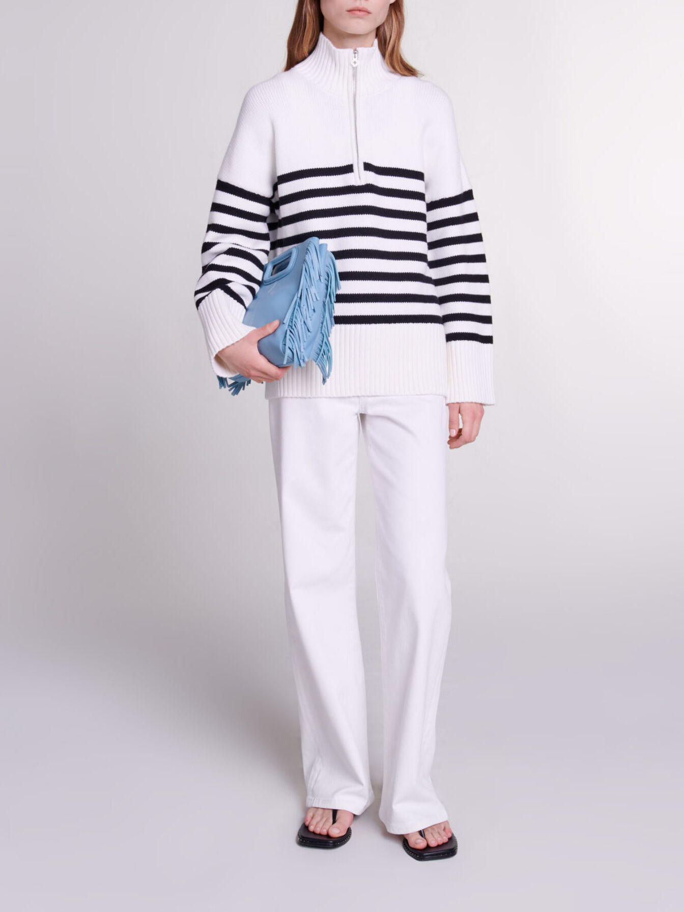 Breton jumper with zip collar White For Women | Maje