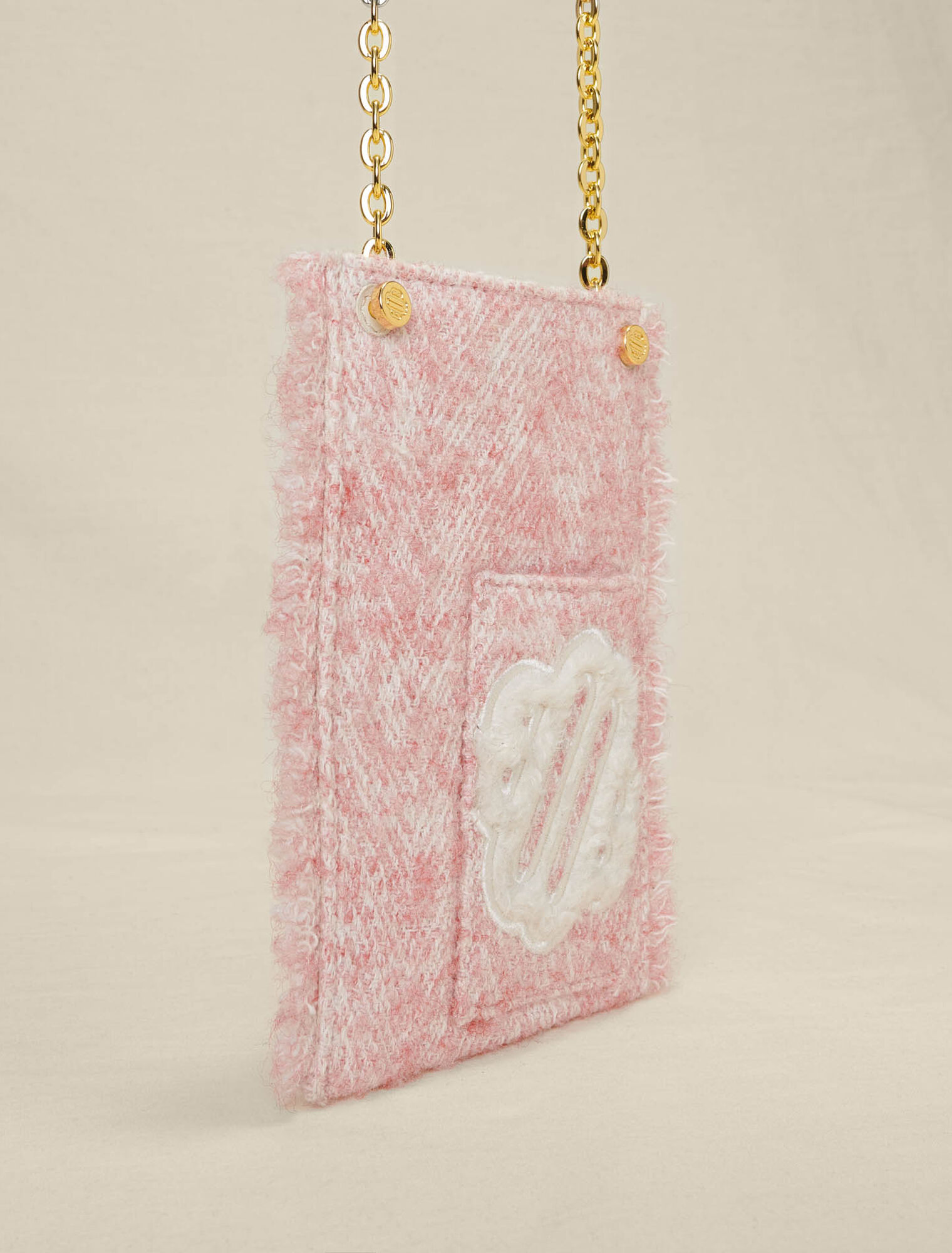 Pink tweed-effect phone bag