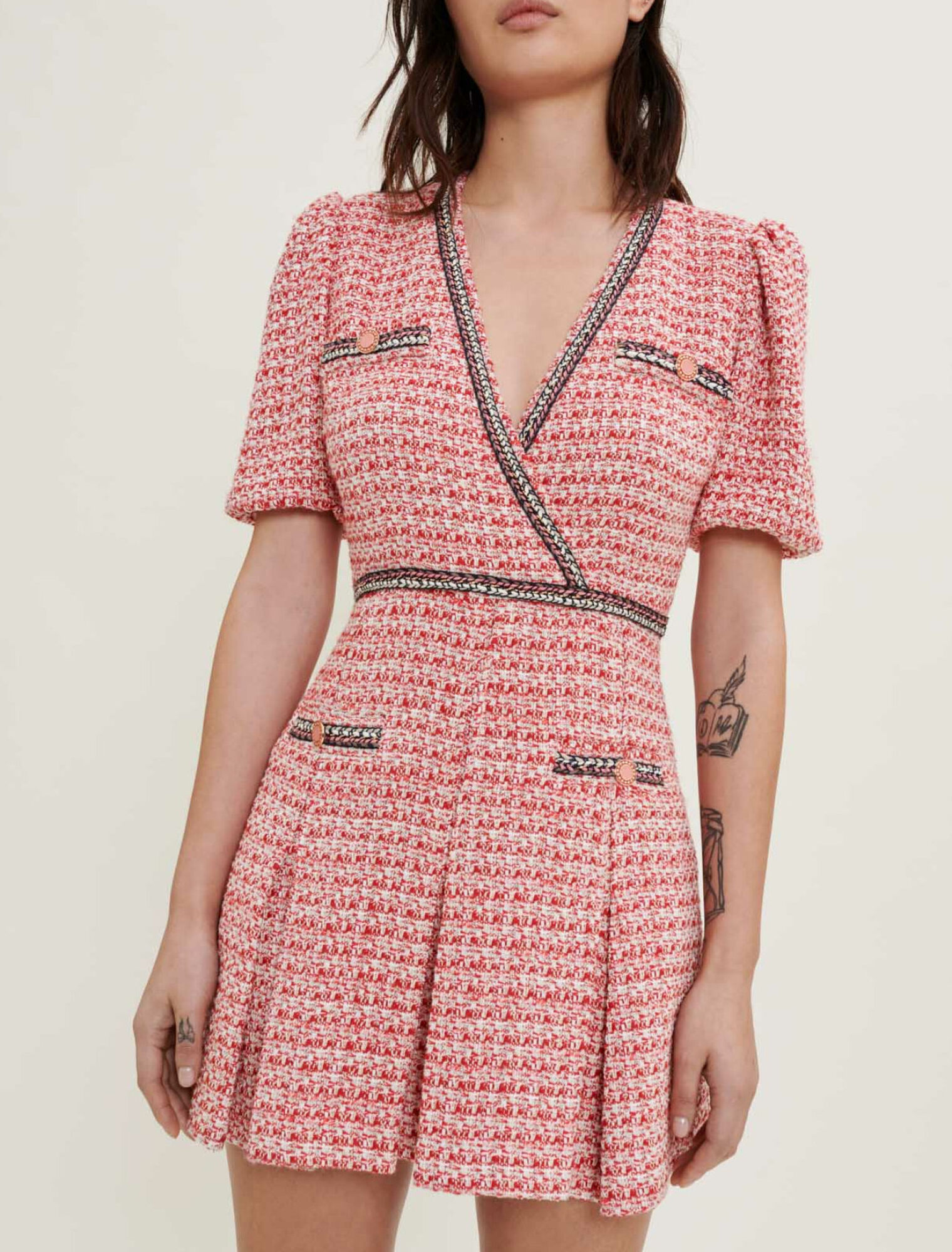Tweed dress with ethnic trim
