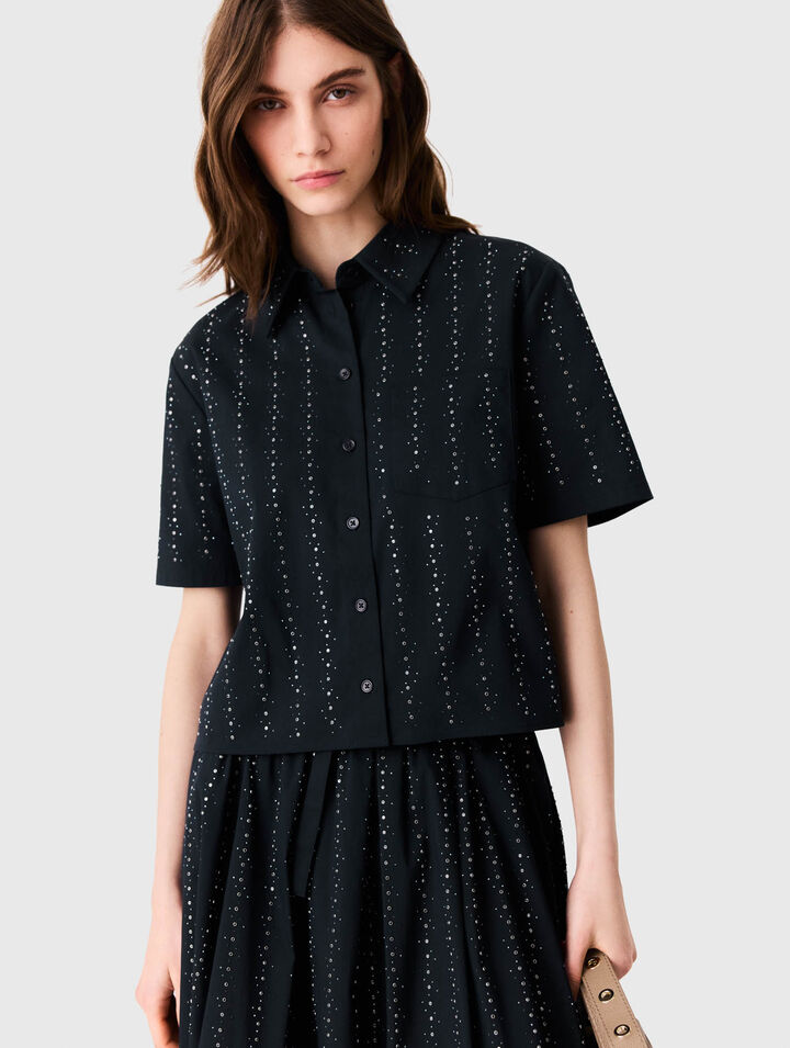 Cropped rhinestone cotton shirt