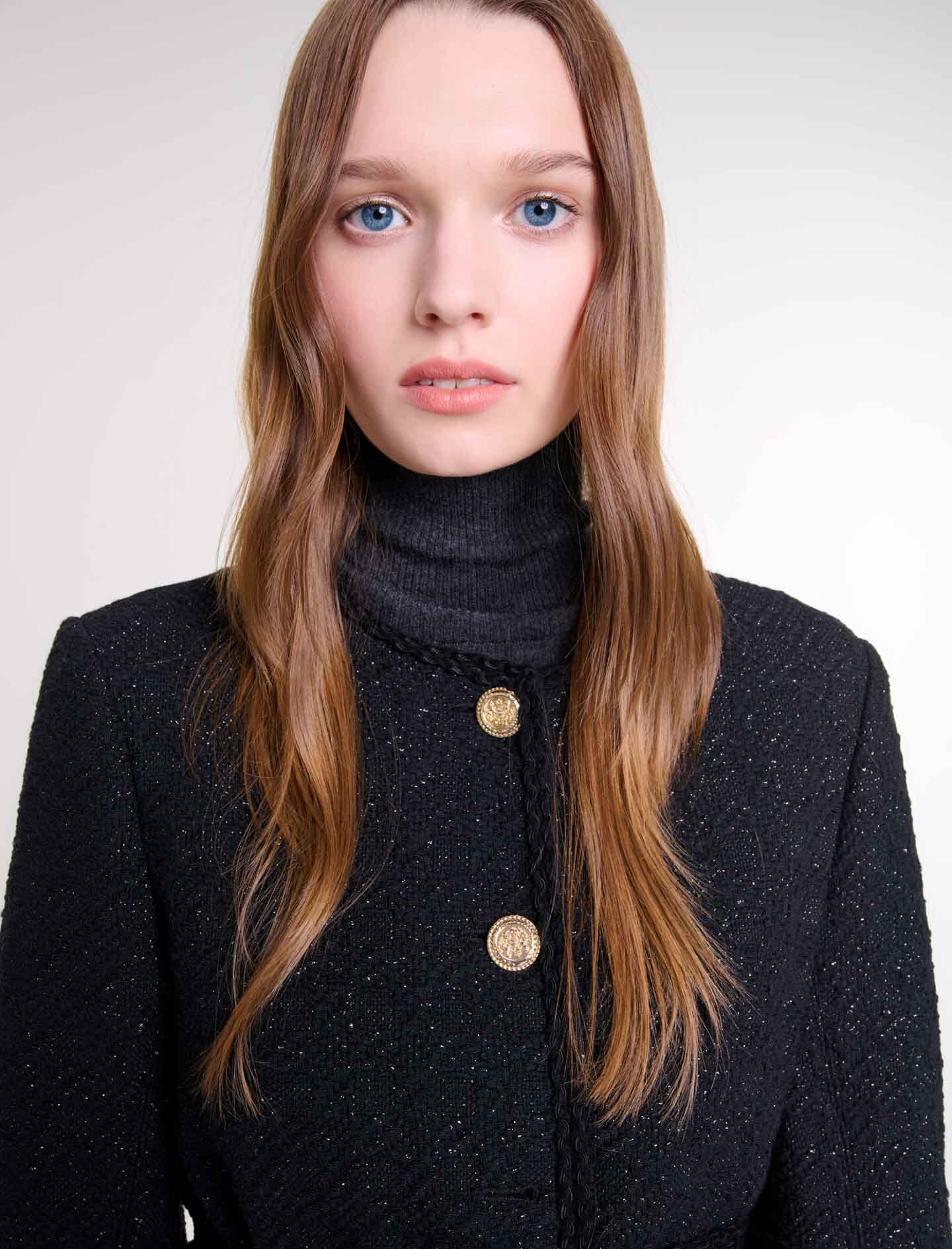 maje ツイードジャケット Belted shiny tweed jacket Black / Gray For Women | Maje