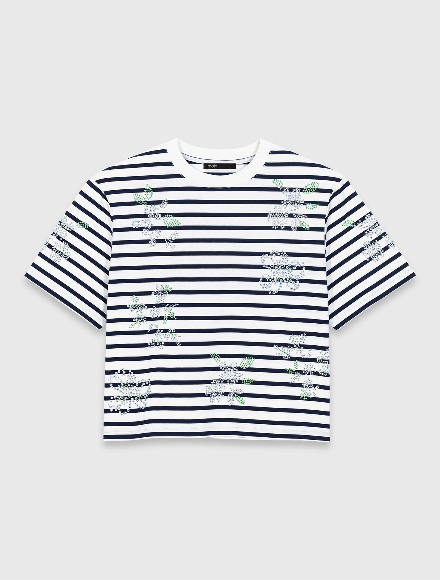 Striped rhinestone flower T-shirt