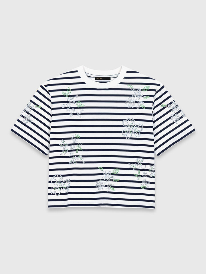 Striped rhinestone flower T-shirt