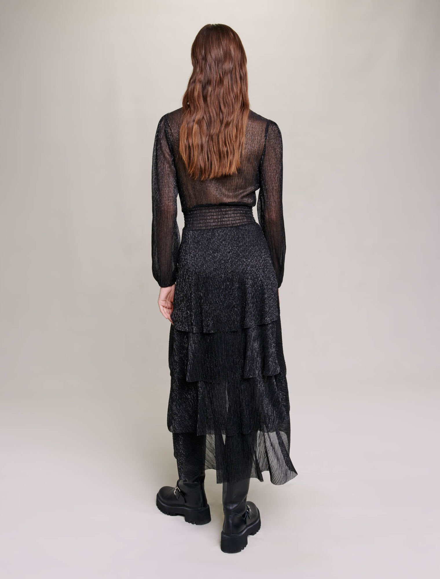 Robe pliss&eacute;e &agrave; volants, lam&eacute; extensible