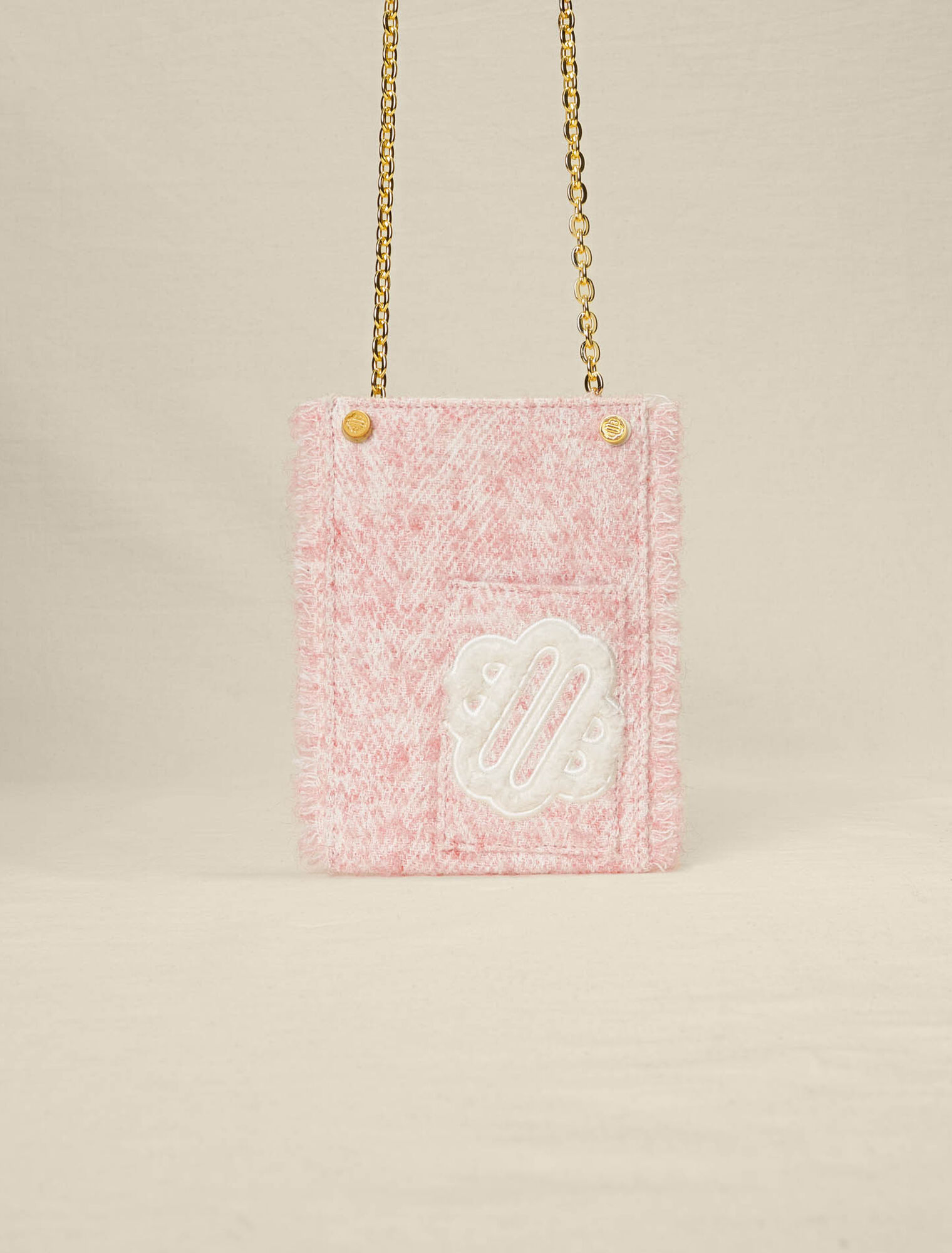 Pink tweed-effect phone bag