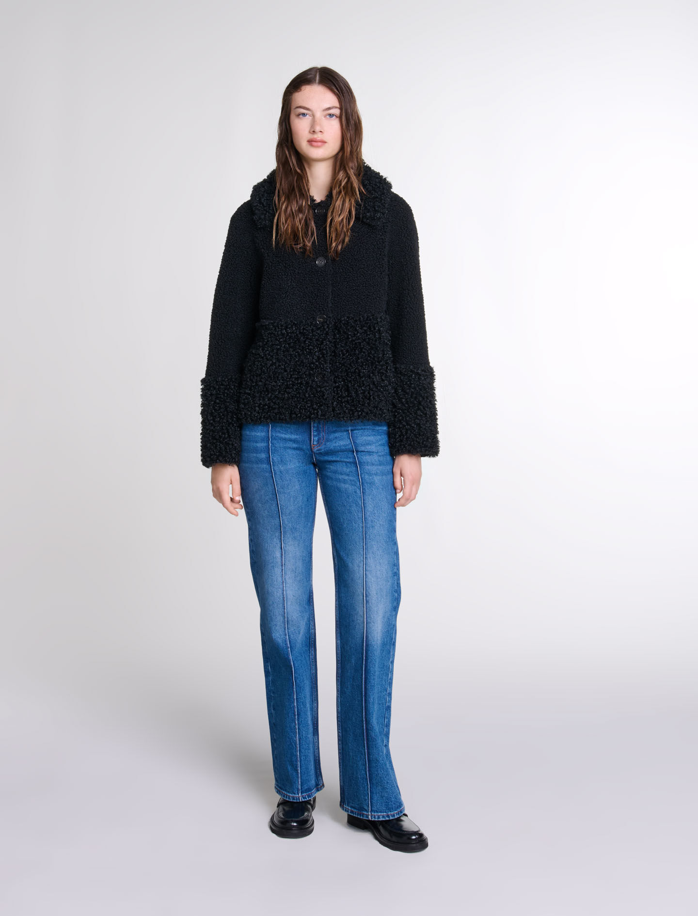 Veste en bouclette gris noir pour femme Maje