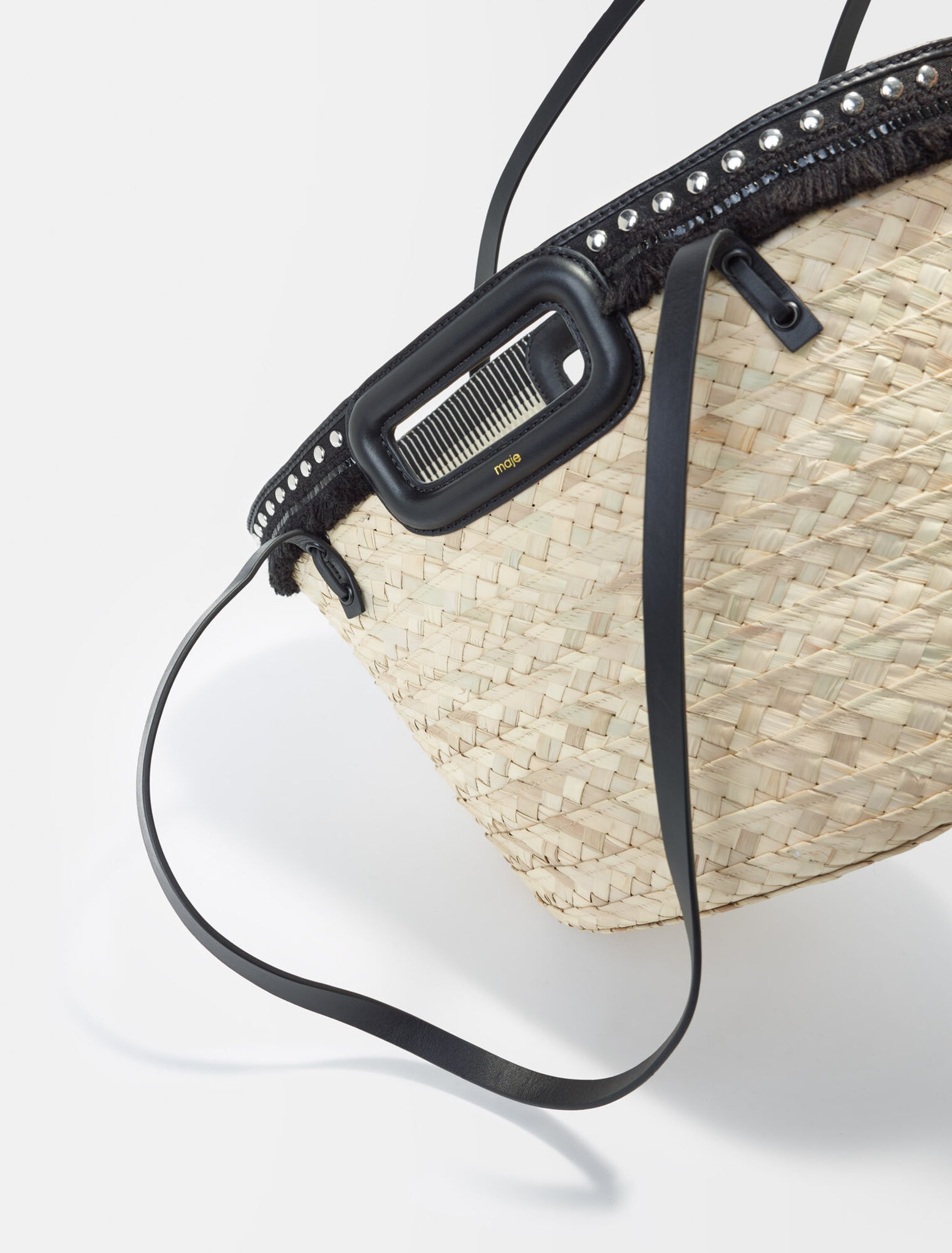 Woven palm bucket bag with studs