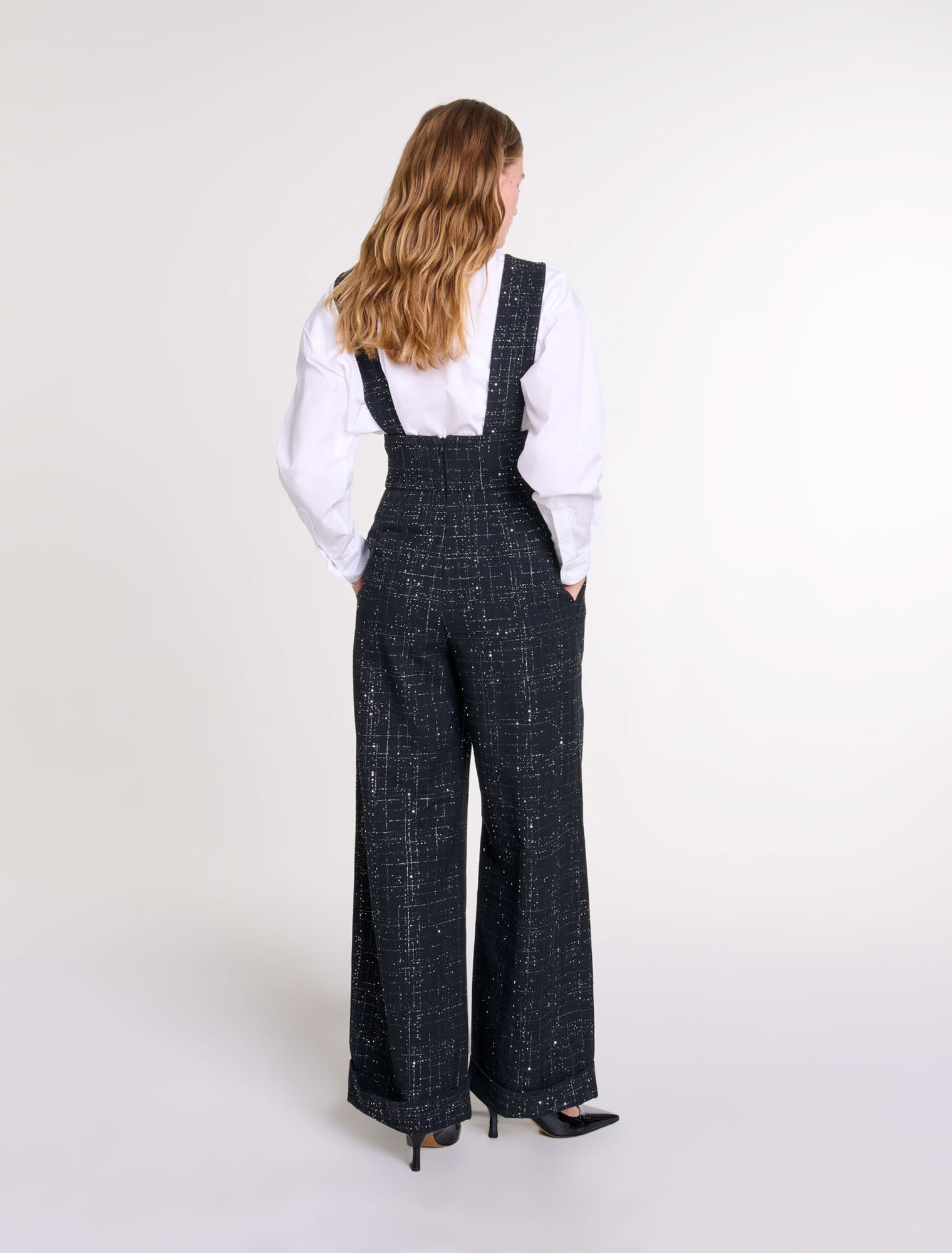 Pantalon large à bretelles en tweed