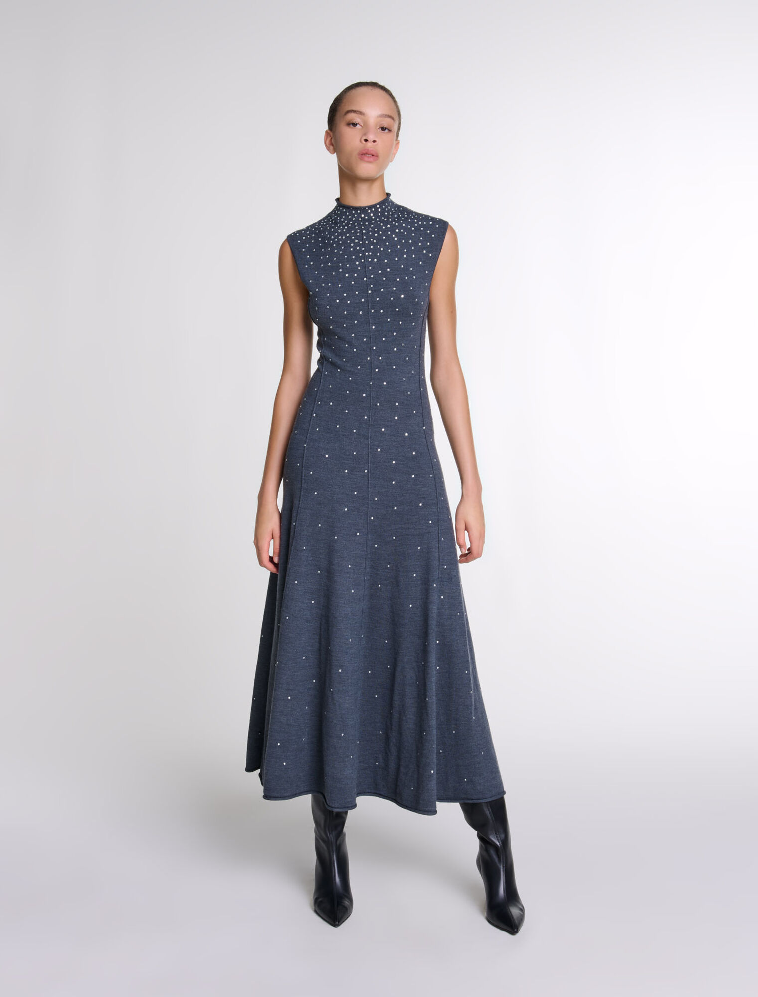 Knit maxi dress with rhinestones