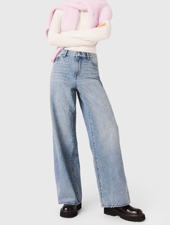 Wide-leg all-over rhinestone jeans