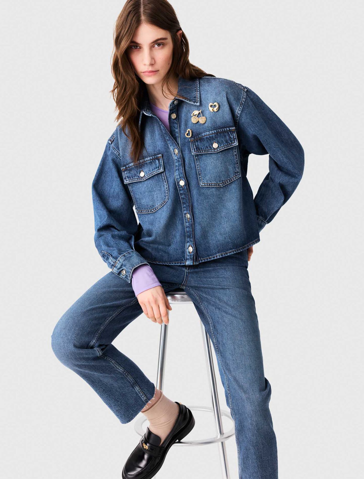 Denim shirt with brooches