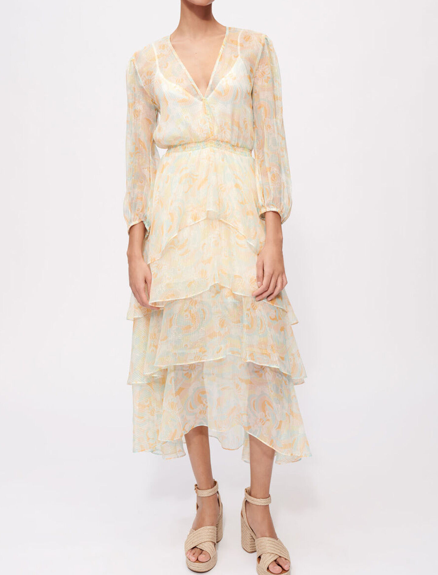 Robe en soie fluide et brillante jaune orange pour femme Maje