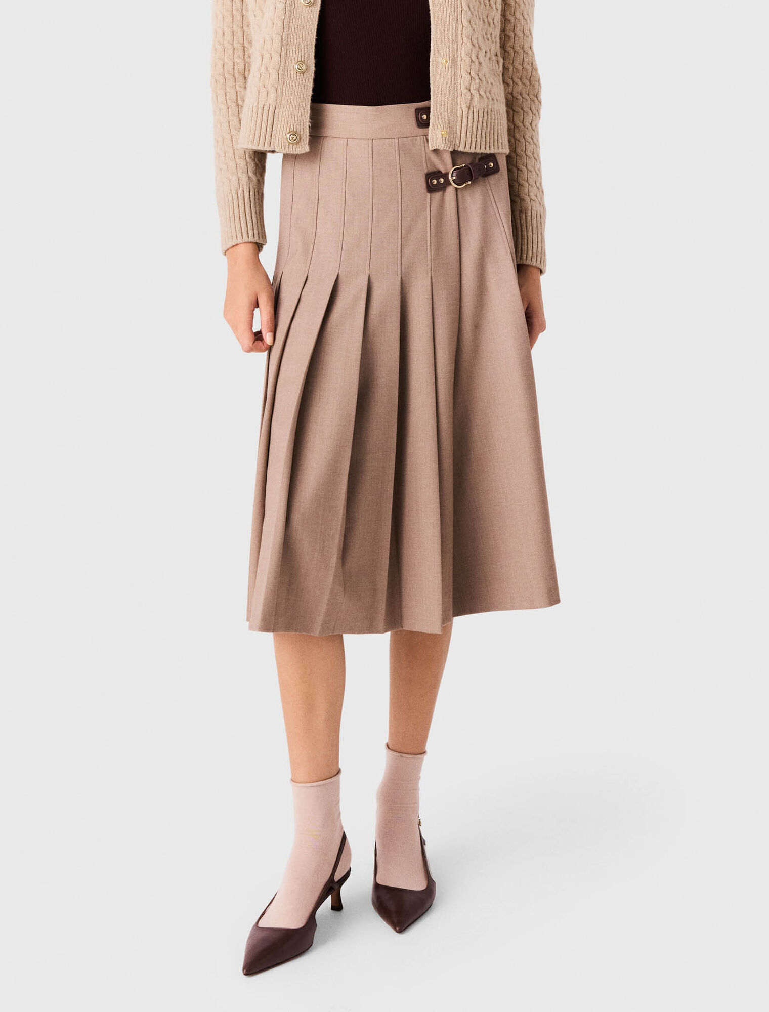 Pleated midi skirt with buckles
