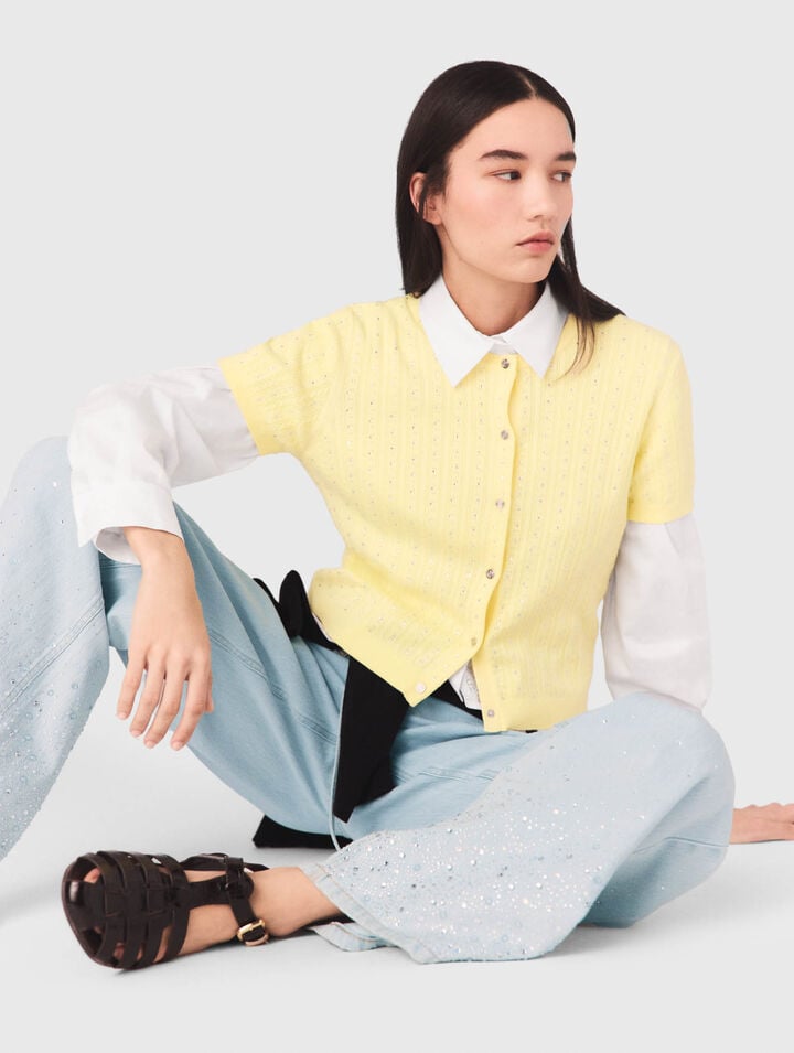 Cardigan with rhinestone neck