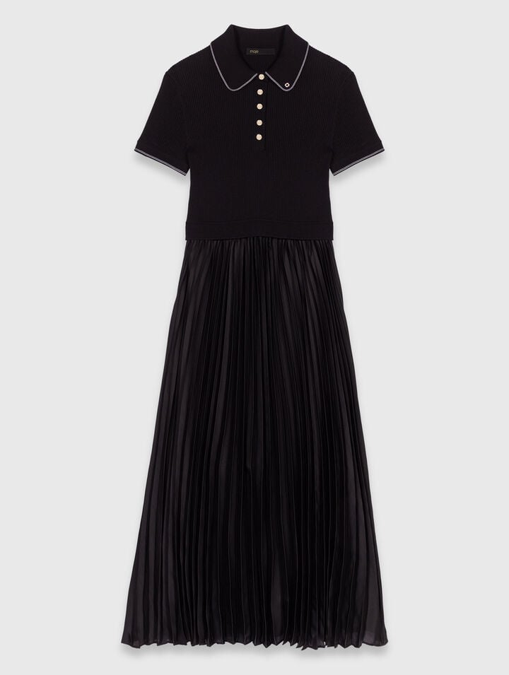 Pleated maxi dress with polo collar