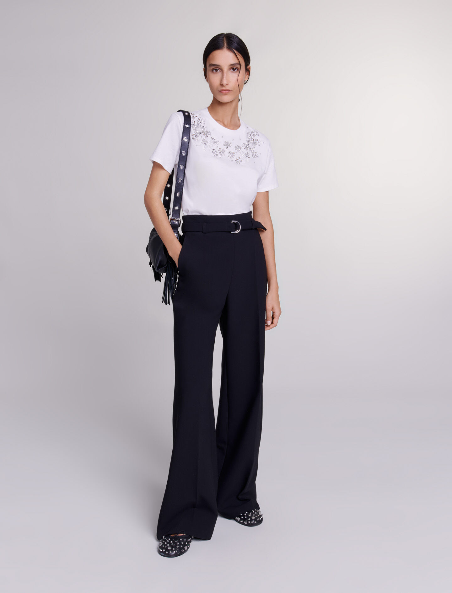 Pantalon large avec ceinture Black Gray pour femme Maje