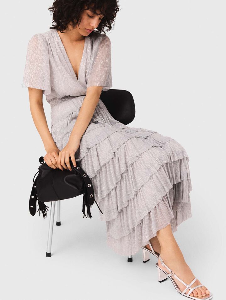 Robe mi-longue à volants métalisée