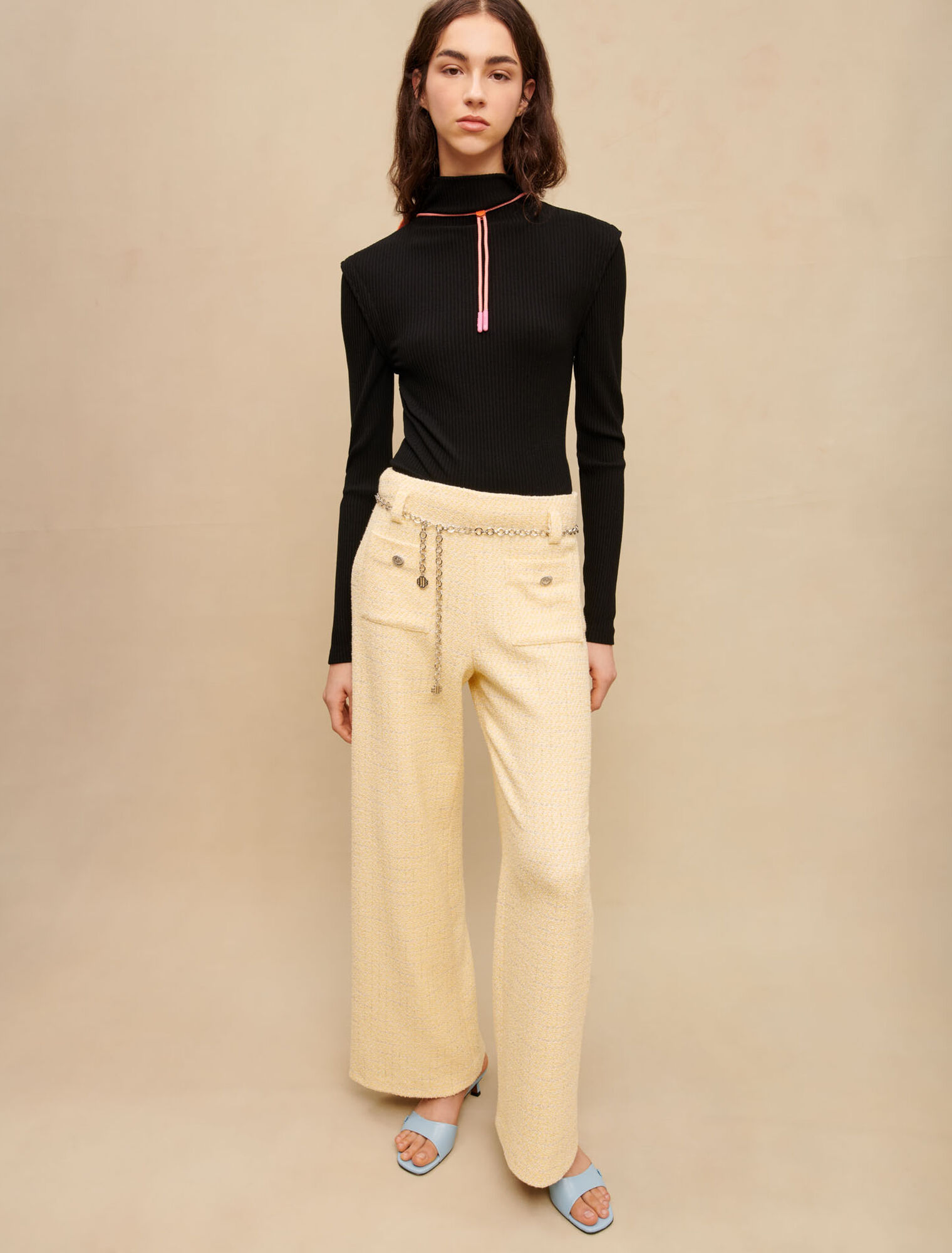 Pantalon ceinturé en tweed jaune