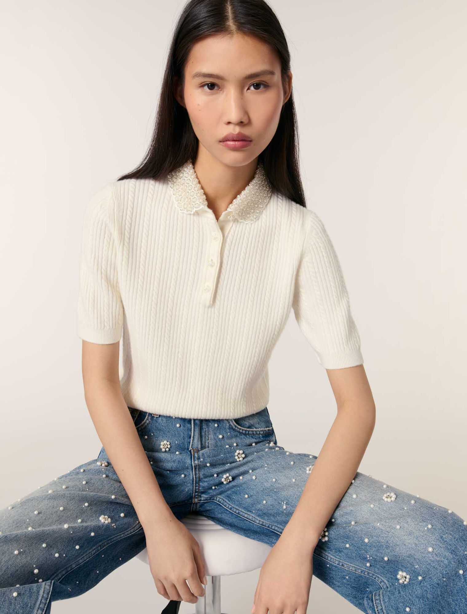 Jewellery collar knit polo shirt