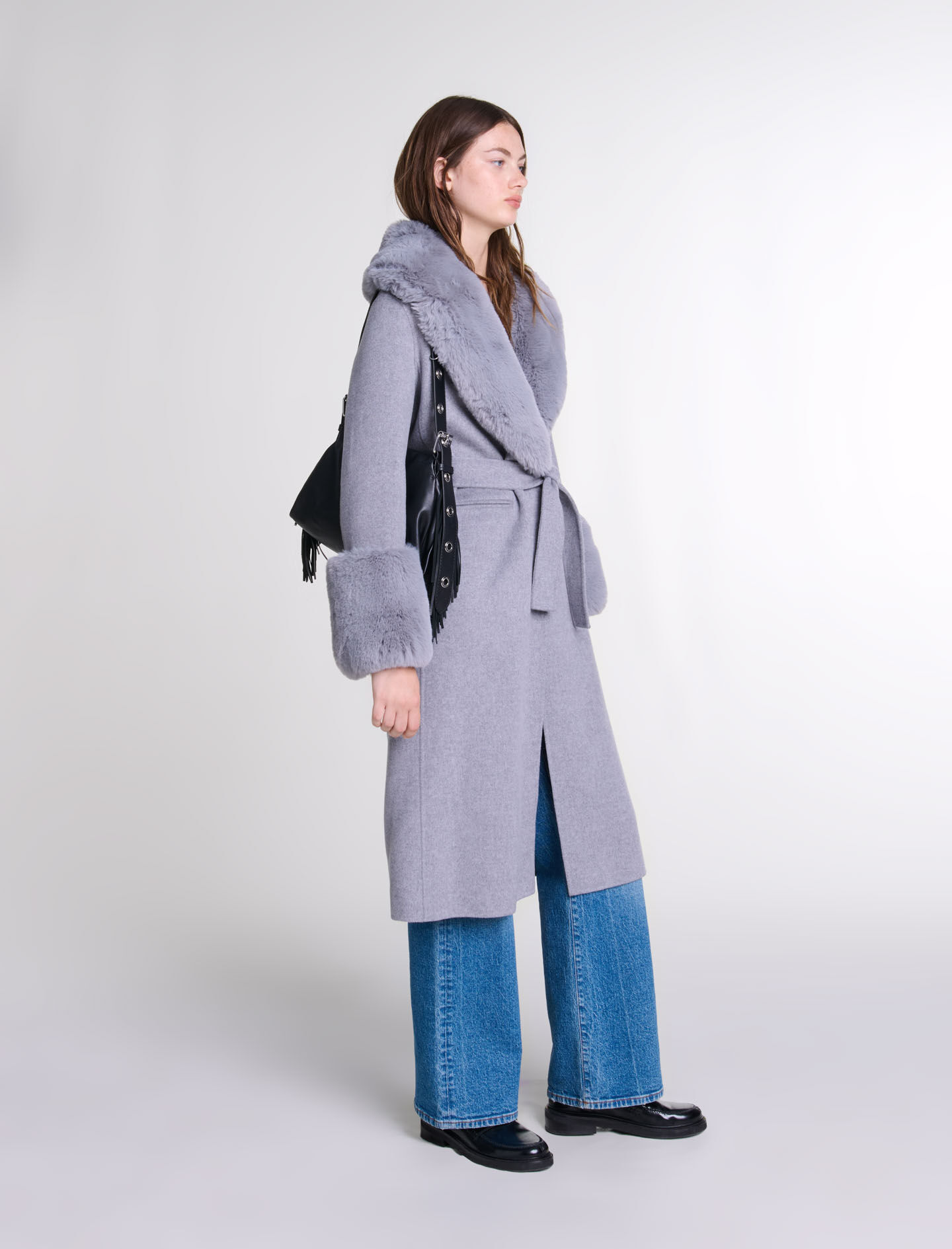 Long coat with faux fur collar Black / Gray For Women | Maje Long coat with faux fur collar Black / Gray For Women | Maje