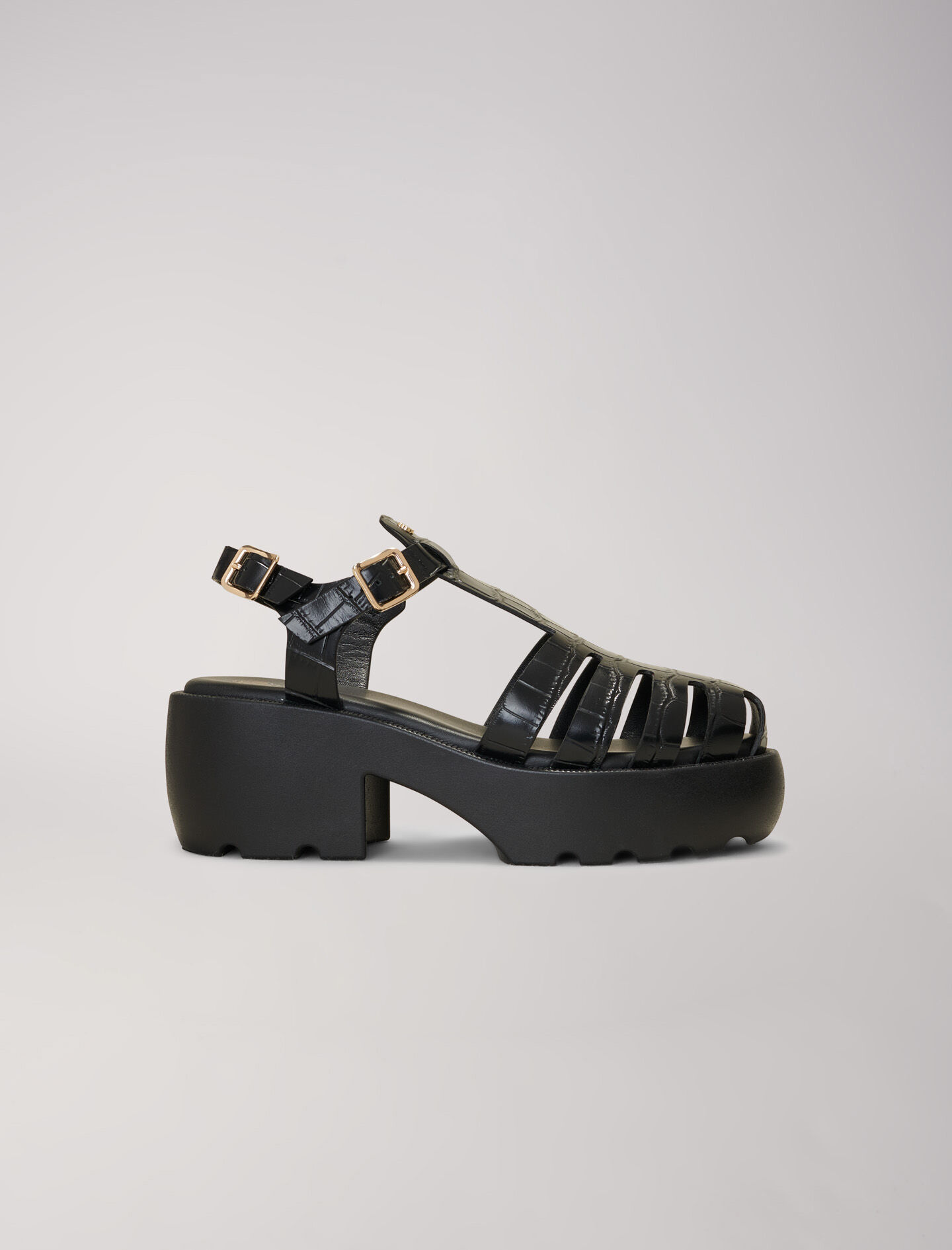 Sandales crantees en cuir gris noir pour femme Maje